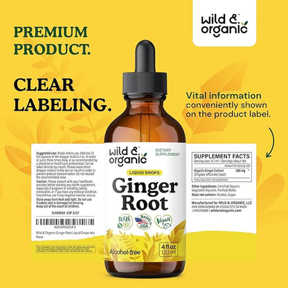 Wild & Organic Ginger Root Extract Drops - Immune & Digestive Support - Liquid Ginger Supplements - Vegan, Sugar & Alcohol-Free Tincture - 4 fl oz