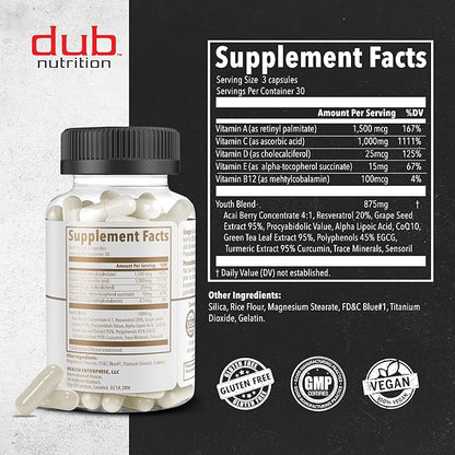 Youth - Formula with Acai, Resveratrol, Curcumin, Vitamins A, C, D, E, B12, and CoQ10 - Supports Immunity and Mobility - 90 Capsules