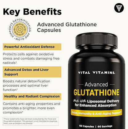Vital Vitamins Glutathione Supplement - 500mg L-Glutathione per Serving - Made with Liposomal Delivery for Max Absorption - Detox, Immunity, Anti-Aging Support - Non-GMO - 60-Day Supply, 60 Capsules