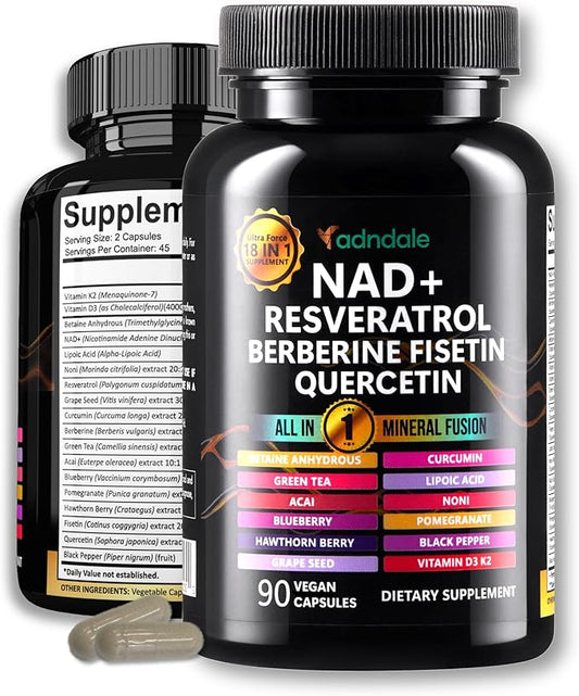 Adndale NAD Supplement. Longevity Formula with Liposomal NAD+, Trans Resveratrol, Quercetin, Berberine, Betaine Anhydrous, Grape Seed, Fisetin. NAD Resveratrol Supplement with Berberine 90 Capsules.
