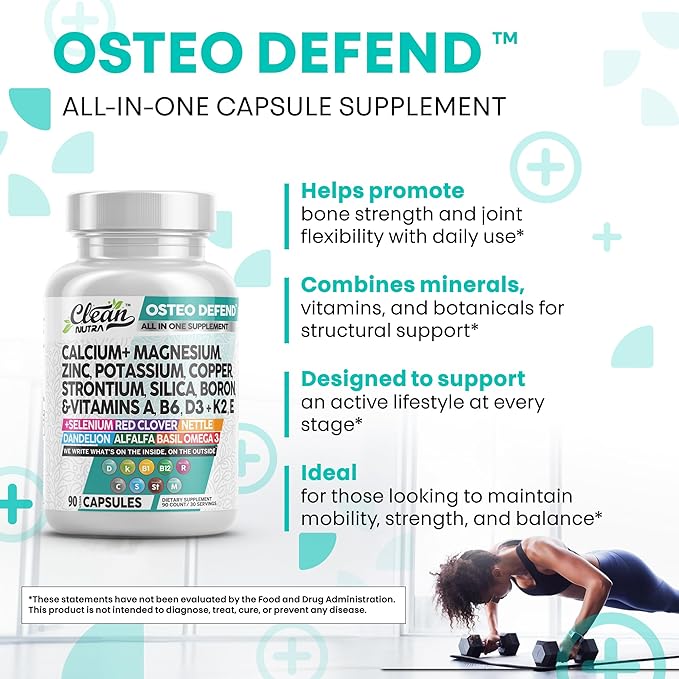 Allin1 Calcium Magnesium Zinc Supplement with Potassium, Copper, Strontium, Silica, Vitamin D3 K2, Boron, Vitamin B1 B12 Red Clover Herb Alfalfa Basil Pills for Men & Women Clean Nutra Osteo Defend