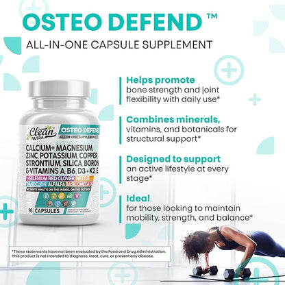Allin1 Calcium Magnesium Zinc Supplement with Potassium, Copper, Strontium, Silica, Vitamin D3 K2, Boron, Vitamin B1 B12 Red Clover Herb Alfalfa Basil Pills for Men & Women Clean Nutra Osteo Defend