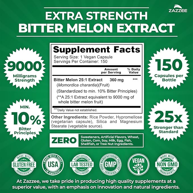 Zazzee Extra Strength Bitter Melon 25:1 Extract, 9000 mg Strength, 10% Bitter Principles, 150 Vegan Capsules, Standardized and Concentrated 25X Extract, 100% Vegetarian, All-Natural and Non-GMO