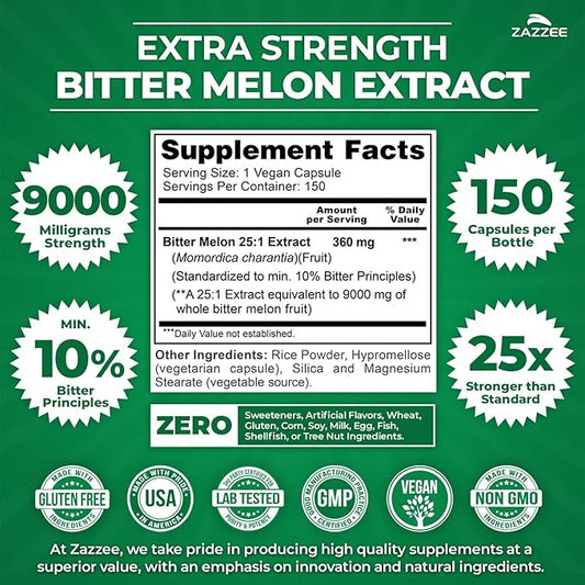 Zazzee Extra Strength Bitter Melon 25:1 Extract, 9000 mg Strength, 10% Bitter Principles, 150 Vegan Capsules, Standardized and Concentrated 25X Extract, 100% Vegetarian, All-Natural and Non-GMO