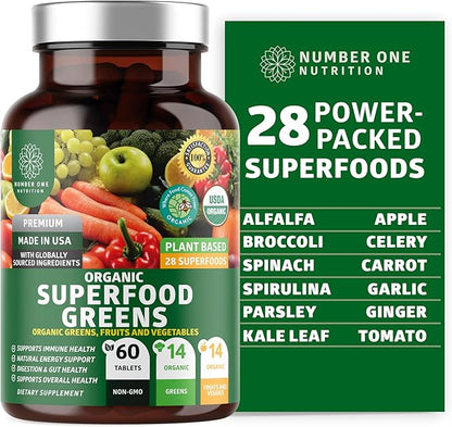 USDA Organic Superfood Greens [28 Powerful Ingredients] Natural Super Greens Capsules, Fruit and Veggie Supplement with Alfalfa, Beet Root and Ginger to Support Energy and Immunity, 60 Tablets