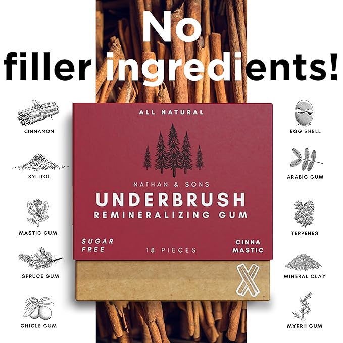 UnderBrush Cinna-Mastic Chewing Gum – Sugar-Free Xylitol Gum with Hydroxyapatite – No Gluten, Sugar, Aspartame and Sucralose - Tree Sap Chewing Base – 4 Pack