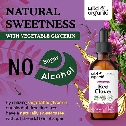 Wild & Organic Red Clover Extract Drops 600 mg - Liquid Red Clover Supplement for Women - 1-Month Supply - Trifolium Pratense Blossom Tincture - Vegan, Sugar & Alcohol-Free - 2 fl oz