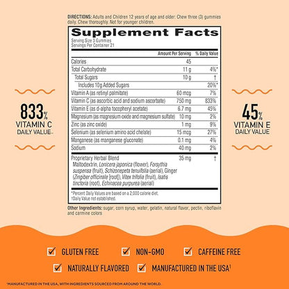 Airborne 750mg Vitamin C Gummies for Adults, Immune Support Gummies with Powerful Antioxidants VIT C & E, Caffeine Free - 2x63ct Bottle (42 Servings), Assorted Fruit Flavor