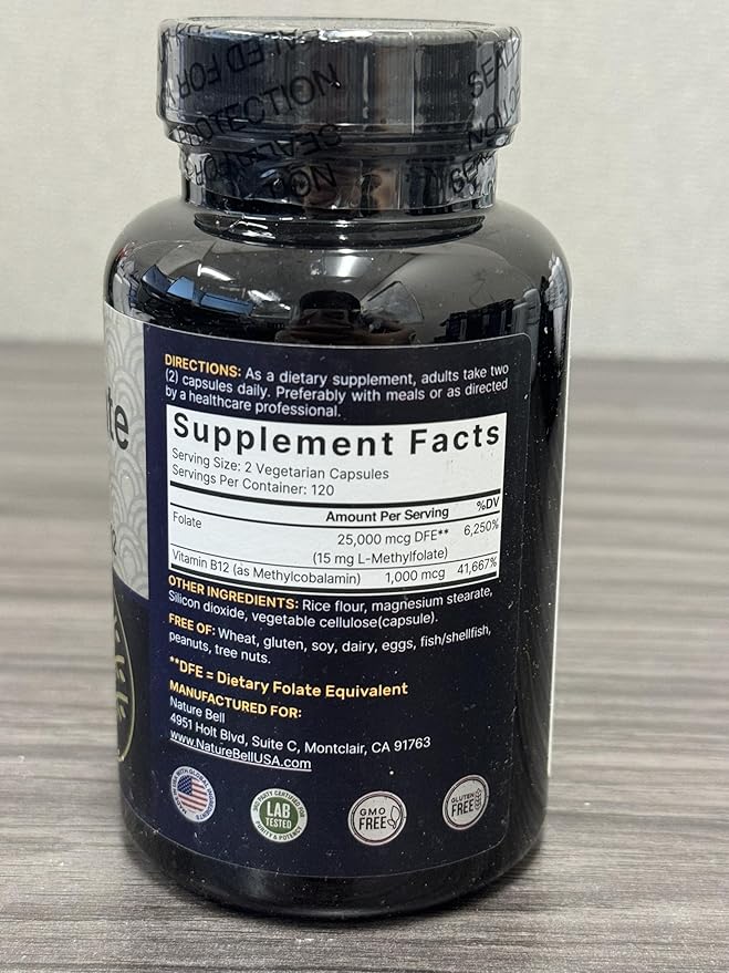 NatureBell L Methylfolate 15mg, 240 Veggie Capsules | 5-MTHF with Methyl B12 1,000mcg | High Potency Dual Action for Energy & Cognitive Support, Active Folic Acid – Methyl Folate Supplement