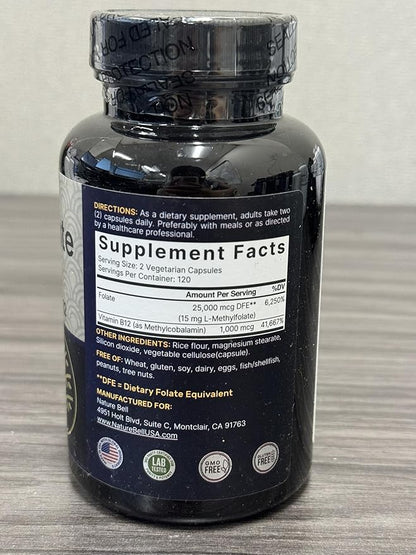 NatureBell L Methylfolate 15mg, 240 Veggie Capsules | 5-MTHF with Methyl B12 1,000mcg | High Potency Dual Action for Energy & Cognitive Support, Active Folic Acid – Methyl Folate Supplement
