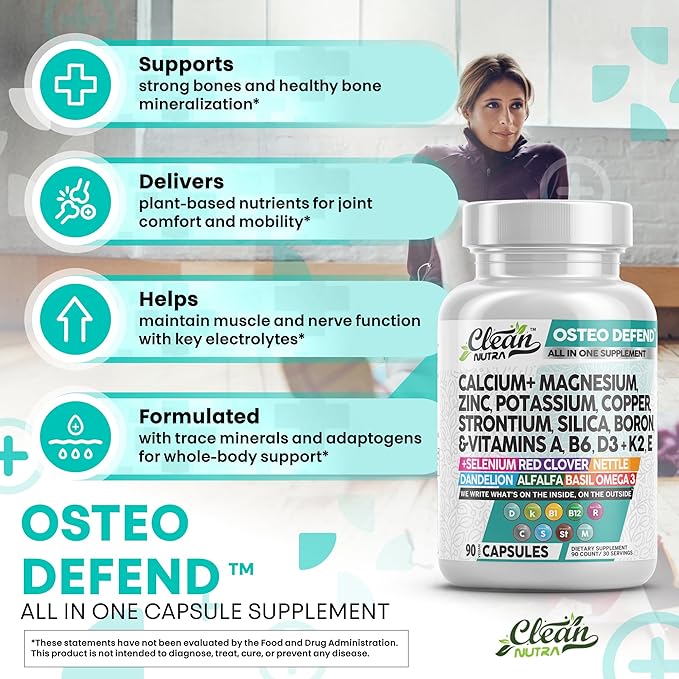 Allin1 Calcium Magnesium Zinc Supplement with Potassium, Copper, Strontium, Silica, Vitamin D3 K2, Boron, Vitamin B1 B12 Red Clover Herb Alfalfa Basil Pills for Men & Women Clean Nutra Osteo Defend