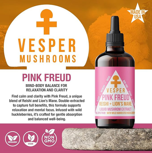 Vesper Pink Freud Mushroom Liquid Extract - Reishi & Lion’s Mane Blend with Wild Huckleberries for Immunomodulation, Neurogenesis, and Mood Support, USA-Grown, for Calm & Mental Clarity – 4oz