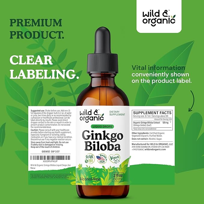 Wild & Organic Ginkgo Biloba Tincture - Brain & Focus Support with Ginkgo Leaf Supplement - Vegan, Sugar & Alcohol-Free Herbal Extract Tincture - 2 fl oz