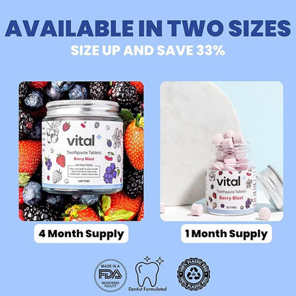 Vital Toothpaste Tabs with Nano-Hydroxyapatite | Berry Blast | Remineralizes Teeth | Kids Love It! | Fluoride Free | Plastic Free & Eco Friendly | Travel & TSA Approved | 62 Tablets (1 Month)