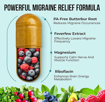 Nature's Nectar Migraine Prevention Feverfew Capsules – PA Free Butterbur Root, Riboflavin 400 mg, Magnesium & Feverfew – Natural Headache Relief & Migraine Supplement – 60 Capsules