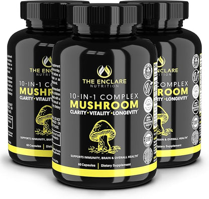 THE ENCLARE NUTRITION Mushroom Supplement - 10in1 Complex Immune Support, Energy, Nootropic Brain, Immunity Booster Lions Mane,Reishi,Turkey Tail,Cordyceps,Chaga,Maitake,Shiitake,Agaricus(3)