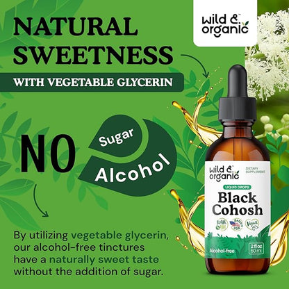 Wild & Organic Black Cohosh Liquid Drops 540 mg - Herbal Supplements for Women - Liquid Black Cohosh Extract Tincture - 2-Month Supply - Vegan, Sugar & Alcohol-Free - 2 fl oz
