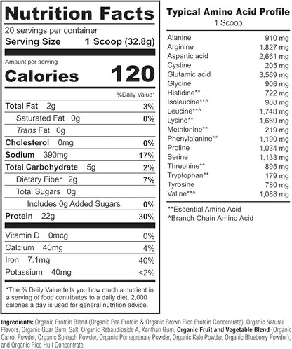 NATURELO Plant Protein Powder, Vanilla, 22g Protein - Non-GMO, Vegan, No Gluten, Dairy, or Soy - No Artificial Flavors, Synthetic Coloring, Preservatives, or Additives - 20 Servings