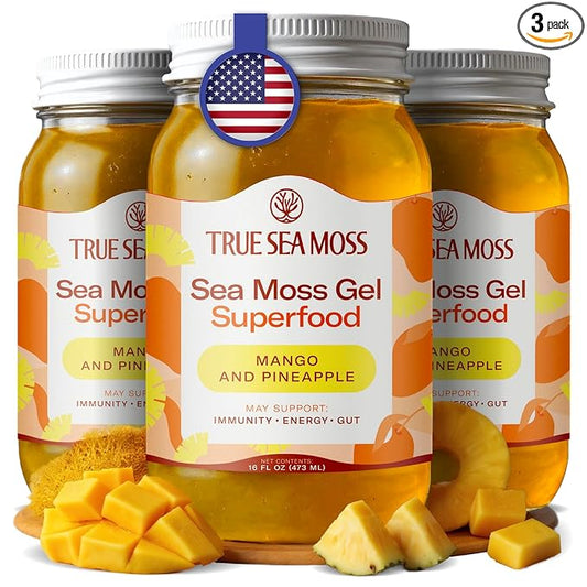 TrueSeaMoss Sea Moss Gel – Made in USA – Wildcrafted Seamoss, Fresh Fruits & Sea Vegetables – Mango/Pineapple, Pack of 3 (Labels may Vary)
