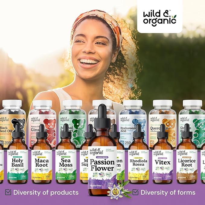 Wild & Organic Passionflower Tincture - Relaxing Passion Flower Drops for Women - Liquid Passiflora Incarnata Herb - Vegan, Sugar & Alcohol-Free Extract Supplement - 2 fl oz