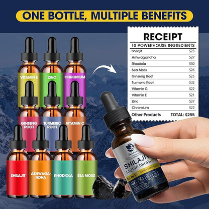16 in 1 Shilajit Resin Liquid Drop, Shilajit W/Ginseng, Turmeric, Rhodiola, Wolfberry, Amla & Vitamins, Shilajit Supplement for Men & Women with 85+ Trace Minerals & Fulvic Acid, 1 Fl Oz