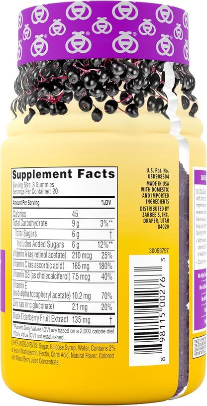 Zarbee’s Elderberry Gummies Daily Immune Support Supplement with Vitamins A C D E & Zinc, Black Elderberry Extract, Natural Berry Flavor, Vegetarian, Gelatin-Free, 60 Count