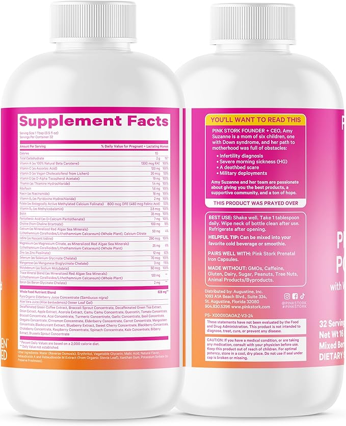 Pink Stork Liquid Prenatal Vitamins for Women - Berry Flavor - Organic Food Blend - for Fertility, Pregnancy, Postpartum- Morning Sickness Support - Breastfeeding and Lactation - 32 Servings