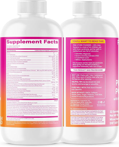 Pink Stork Liquid Prenatal Vitamins for Women - Berry Flavor - Organic Food Blend - for Fertility, Pregnancy, Postpartum- Morning Sickness Support - Breastfeeding and Lactation - 32 Servings