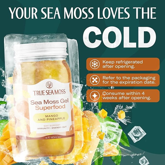 TrueSeaMoss Sea Moss Gel – Made in USA – Wildcrafted Seamoss, Fresh Fruits & Sea Vegetables – Mango/Pineapple, Pack of 2 (Labels may Vary)