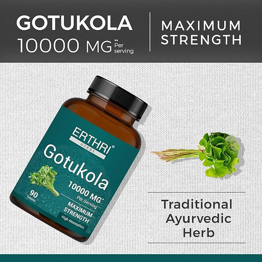 100% Organic Gotu Kola Tablets 10,000mg (90 Count) Vegan & Gluten-Free Herbal Supplement, No Added Colors, Flavors, & Preservatives, 90 Tablets (Pack of 1)