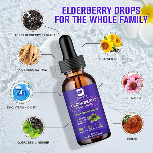 2 Pack Elderberry Syrup, Black Elderberry Drops with Quercetin, Panax Ginseng, Vitamin C and Zinc, Sambucus Elderberry Syrup Liquid for Immune Support, Vegan, Non-GMO & Gluten Free