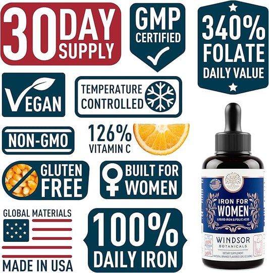 WINDSOR BOTANICALS Liquid Iron Supplements for Anemia - Folic Acid, Vitamin C, Vegan Blood Builder and Anemia Supplement - 2 oz Orange Flavor Gentle Iron Drops for Women