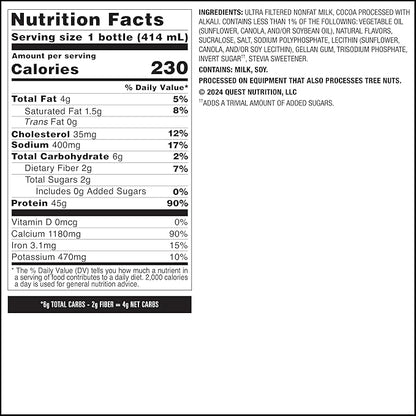 Quest Nutrition Chocolate Protein Shake, 45g Protein, 2g Sugar, 4g Net Carbs, Ready to Drink, Gluten Free, 4 Count