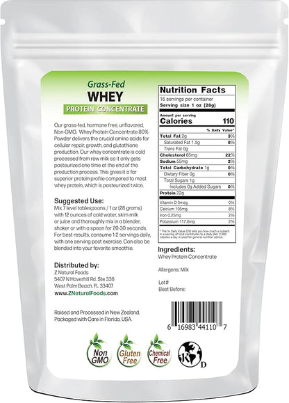 Z Natural Foods Grass-Fed Whey Protein Concentrate - Clean Whey Protein Powder from New Zealand - Cold Processed Pure Whey Protein with Essential Amino Acids for Nutrition & Fitness, Unflavored, 1 lb