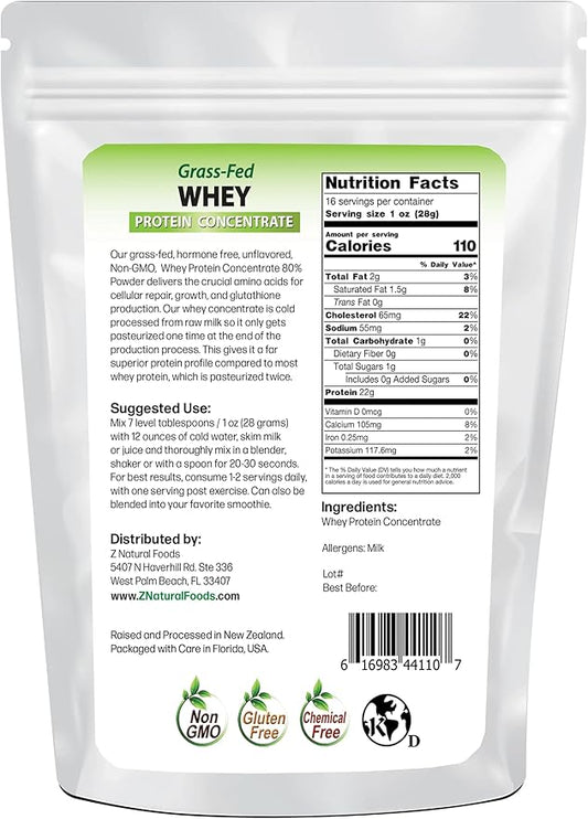 Z Natural Foods Grass-Fed Whey Protein Concentrate - Clean Whey Protein Powder from New Zealand - Cold Processed Pure Whey Protein with Essential Amino Acids for Nutrition & Fitness, Unflavored, 1 lb