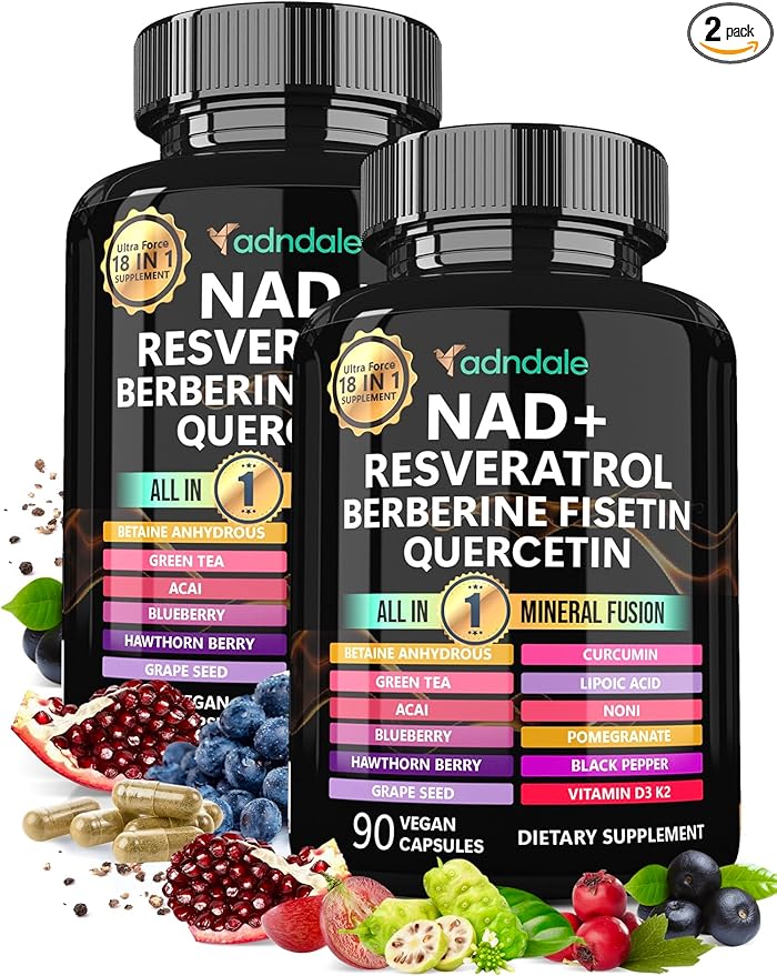 Adndale NAD Supplement, Longevity Formula with NAD, Trans Resveratrol, Quercetin, Betaine Anhydrous, Grape Seed, Fisetin, 180 Capsules