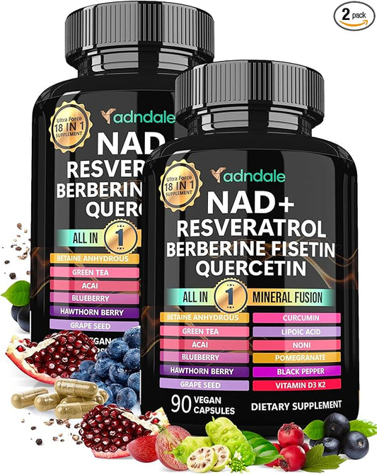 Adndale NAD Supplement, Longevity Formula with NAD, Trans Resveratrol, Quercetin, Betaine Anhydrous, Grape Seed, Fisetin, 180 Capsules