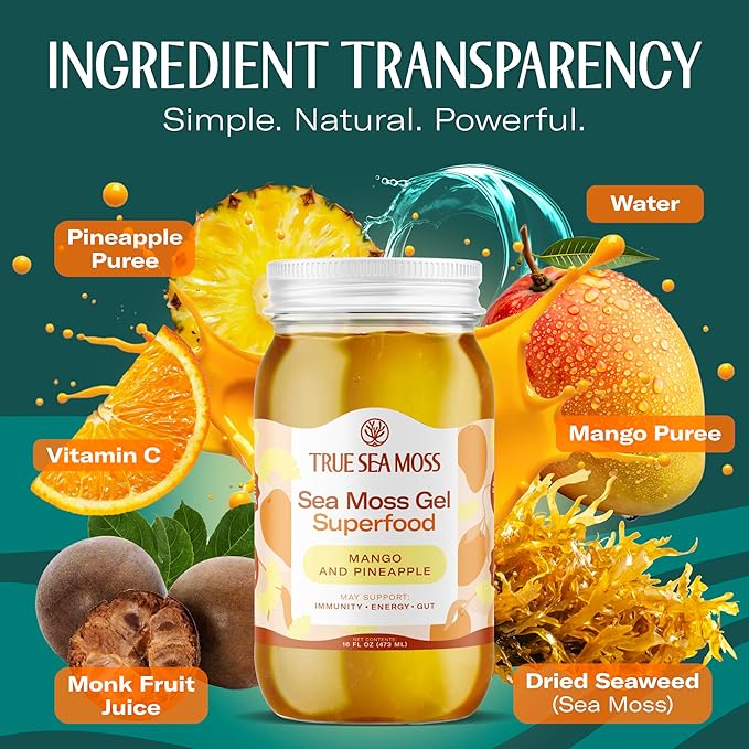 TrueSeaMoss Sea Moss Gel – Made in USA – Wildcrafted Seamoss, Fresh Fruits & Sea Vegetables – Mango/Pineapple, Pack of 2 (Labels may Vary)