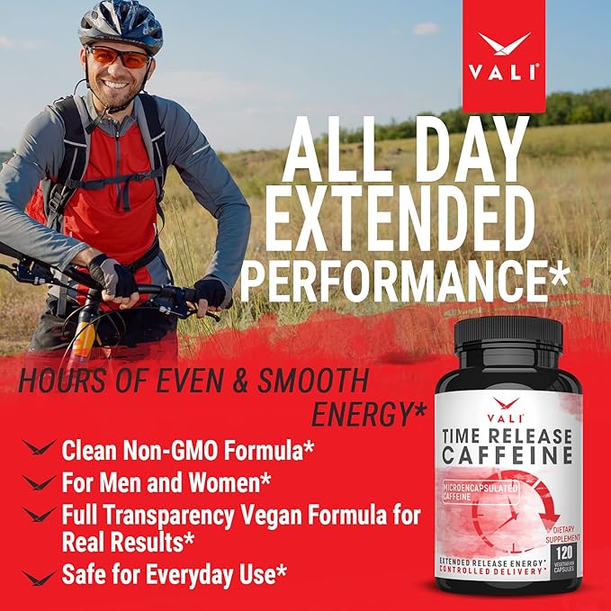 VALI Time Release Caffeine 100mg Capsules- Smart Slow Release for Extended Energy & Focus. Advanced Nootropic Supplement. Brain Booster Active Performance, Alertness & Clarity. 120 Veggie Capsules