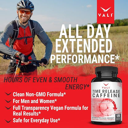 VALI Time Release Caffeine 100mg Capsules- Smart Slow Release for Extended Energy & Focus. Advanced Nootropic Supplement. Brain Booster Active Performance, Alertness & Clarity. 120 Veggie Capsules