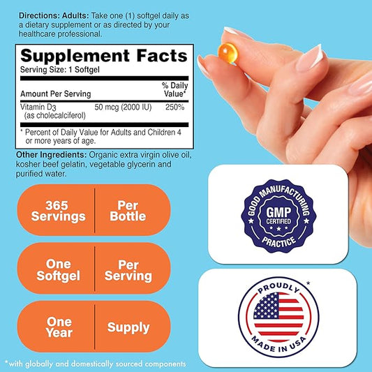 Vitamin D3 2000iu 365 Mini Softgels for Maximum Benefits | Year Supply | 50mcg Cholecalciferol | 3rd Party Tested | Non-GMO USP Grade in EVOO | Immune Health Support | Health Thru Nutrition