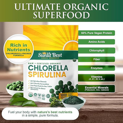 Sunlit Best Chlorella Spirulina Tablets - Organic USDA, Premium Spirulina and Chlorella Tablets 1000 Count - Sun Chlorella Pure Natural Superfood with Algae, Enzymes Chlorophyll & Vegan Protein