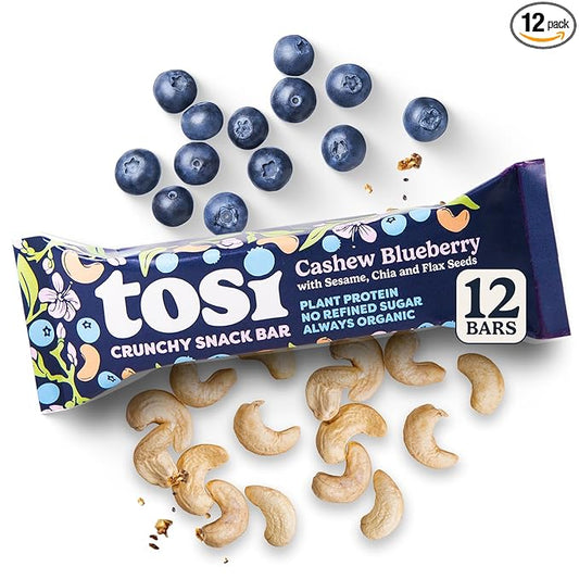 Tosi Cashew Blueberry Protein Bars - Crunchy Nut & Seed Vegan Snack Bars, Gluten Free, 6g Plant Based Protein, Organic Flax, Chia, Sesame Seeds, Omega 3s, Low in Sugar, No Soy - 1 oz, 12-Pack