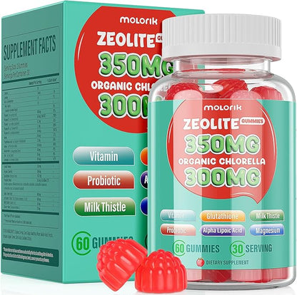 Zeolite Detox for Kids & Adults, 350mg Zeolite Gummies with 300mg Organic Chlorella, Glutathione, Probiotic & Vitamin D3, E, C, B6, B12 for Immune & Gut Support, Apple Gummies, 30 Serving