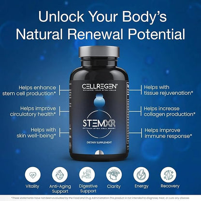 StemXR™ Stem Cell Activator & Circulation Booster – Stem Cell Supplement for Men & Women – Blue Green Algae, Longevity, Vitality, Anti-Aging, Energy & Performance Support – 90 Capsules