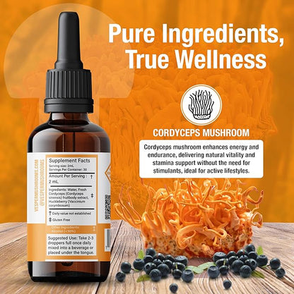 Vesper Cordyceps Mushroom Liquid Extract - Double Extraction with Wild Huckleberries for Energy, Endurance, Circulation Support, USA-Grown, for Natural Stamina & Vitality – 2oz