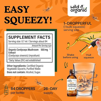 Wild & Organic Cordyceps Mushroom Tincture - Cordyceps Extract Supplement for Energy & Immune Support - Liquid Sinensis Mushroom Drops - Vegan, Sugar & Alcohol-Free - 2 fl oz