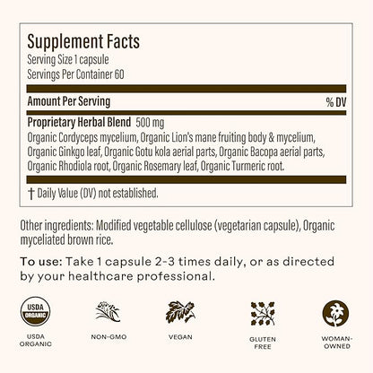 Wooden Spoon Herbs - Brain Bloom | Organic Brain Supplement for Memory and Focus with Rosemary, Bacopa, Lions Mane, Gotu Kola & Ginkgo Leaf & Turmeric | Gluten-Free, Non-GMO, Vegan (60 CT, Capsules)