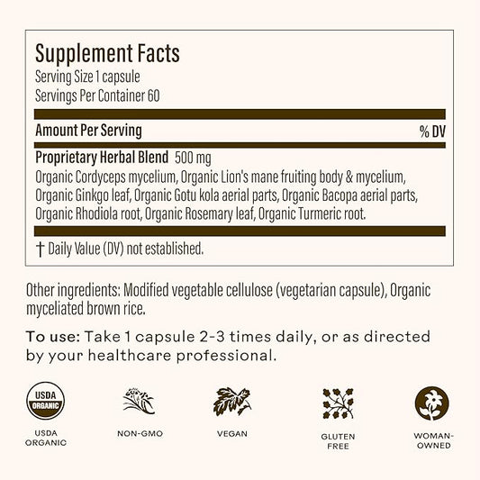 Wooden Spoon Herbs - Brain Bloom | Organic Brain Supplement for Memory and Focus with Rosemary, Bacopa, Lions Mane, Gotu Kola & Ginkgo Leaf & Turmeric | Gluten-Free, Non-GMO, Vegan (60 CT, Capsules)