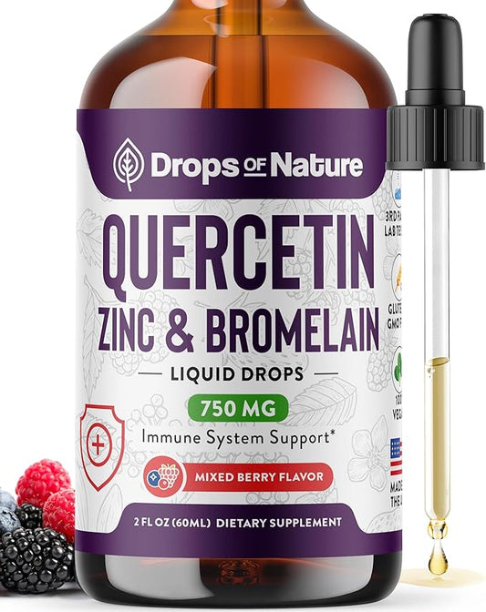Quercetin with Bromelain & Zinc (5mg) Liquid Drops – Immune Support for Adults & Kids – Ultra-Concentrated Bioflavonoids – Immune Defense – Cellular Health – Vegan, Non-GMO, Gluten Free – 2 Fl Oz